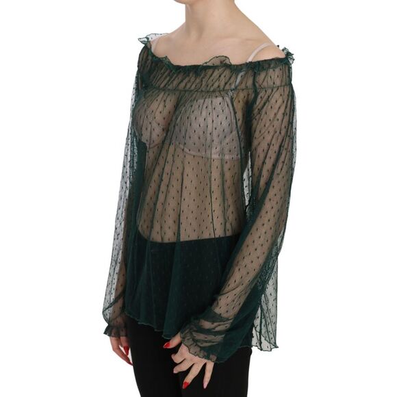 PINK MEMORIES Polka Dot Mesh OffShoulder Top Women Green Tops & T-Shirts - Picture 3 of 5